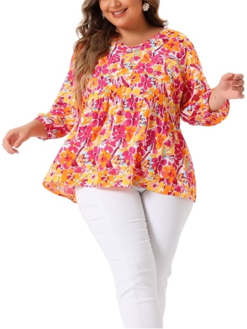 Agnes Orinda Pink Floral V-Neck Babydoll 3/4 Sleeve Top